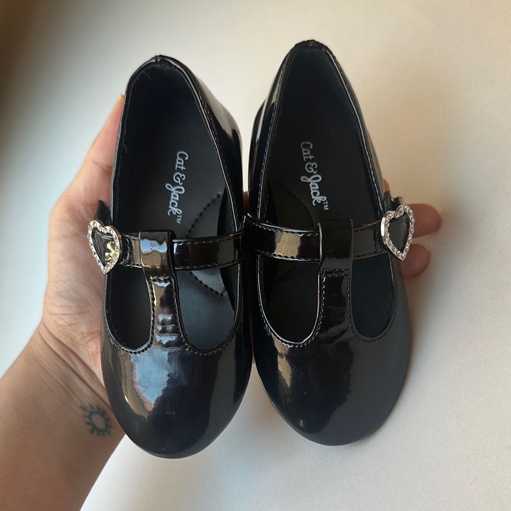 Cat & Jack Black Dress Shoes with T-Strap and Heart Buckles